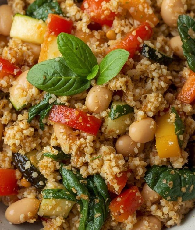 Bulgur-Kaschotto mit weißen Bohnen, Paprika, Zucchini und Spinat