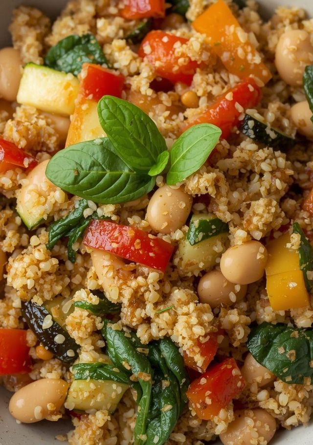 Bulgur-Kaschotto mit weißen Bohnen, Paprika, Zucchini und Spinat