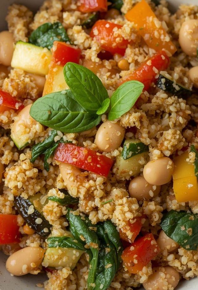 Bulgur-Kaschotto mit weißen Bohnen, Paprika, Zucchini und Spinat