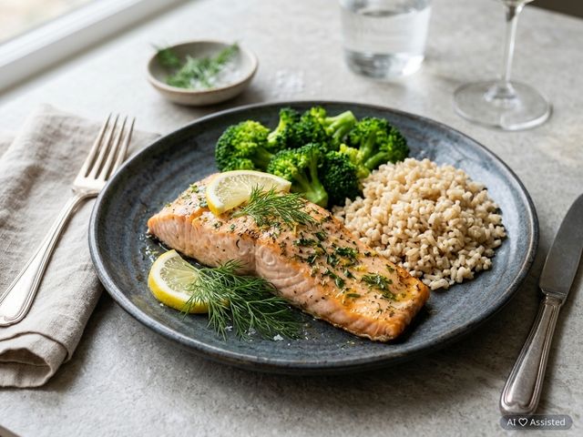 Herb-Baked DASH Atlantic Salmon Fillet with Brown Rice and Steamed Broccoli