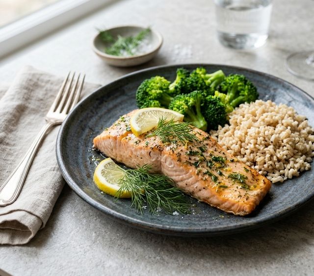 Herb-Baked DASH Atlantic Salmon Fillet with Brown Rice and Steamed Broccoli
