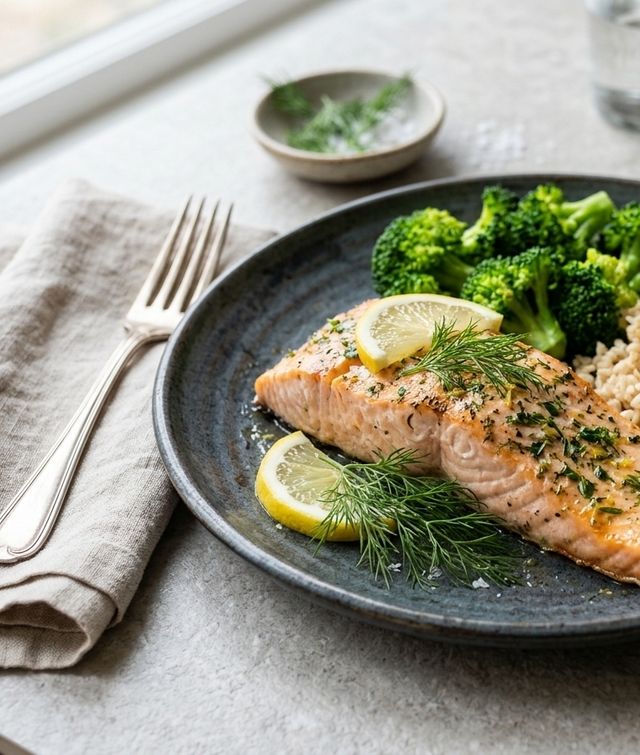Herb-Baked DASH Atlantic Salmon Fillet with Brown Rice and Steamed Broccoli