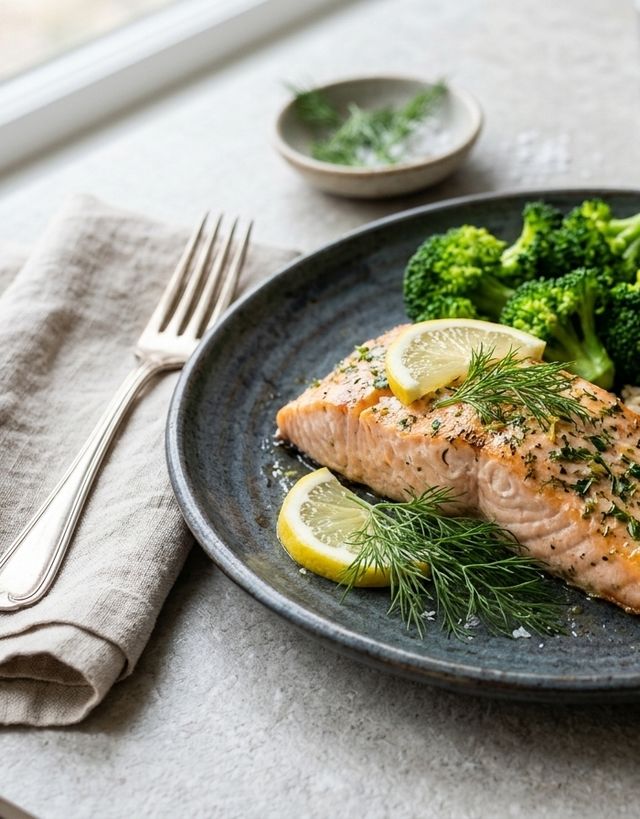 Herb-Baked DASH Atlantic Salmon Fillet with Brown Rice and Steamed Broccoli