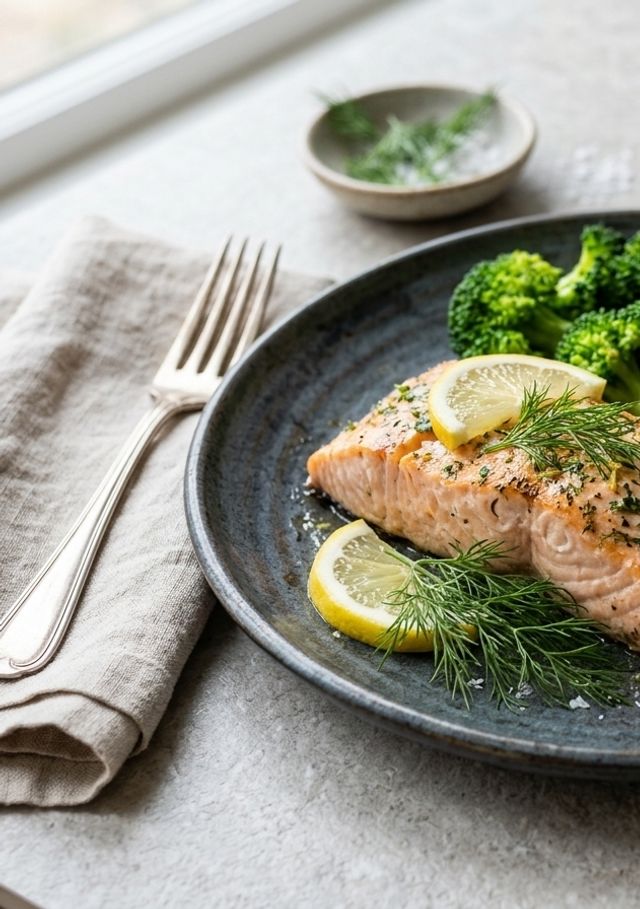 Herb-Baked DASH Atlantic Salmon Fillet with Brown Rice and Steamed Broccoli
