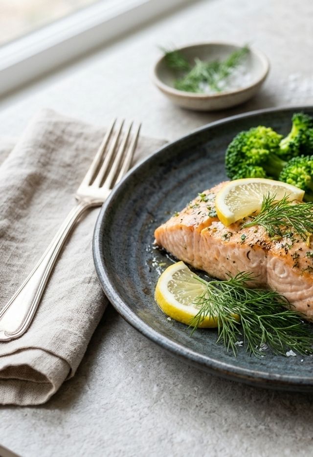 Herb-Baked DASH Atlantic Salmon Fillet with Brown Rice and Steamed Broccoli