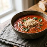 Light Homemade DASH Tomato and Fresh Basil Soup with Brown Rice