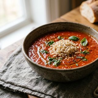 Light Homemade DASH Tomato and Fresh Basil Soup with Brown Rice
