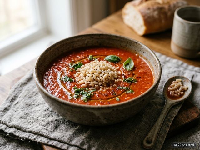 Light Homemade DASH Tomato and Fresh Basil Soup with Brown Rice