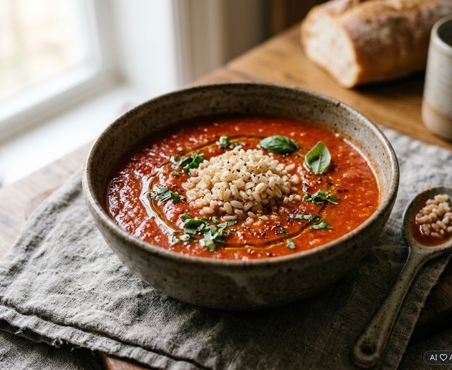 Light Homemade DASH Tomato and Fresh Basil Soup with Brown Rice