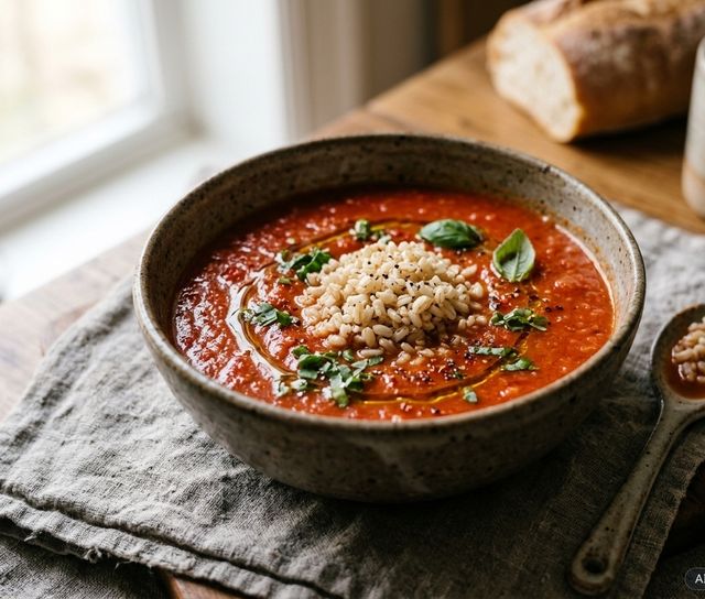 Light Homemade DASH Tomato and Fresh Basil Soup with Brown Rice