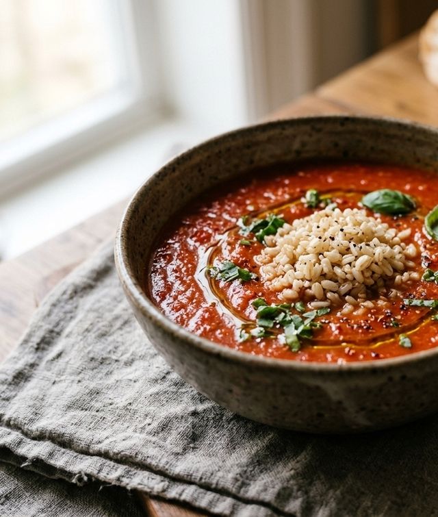Light Homemade DASH Tomato and Fresh Basil Soup with Brown Rice