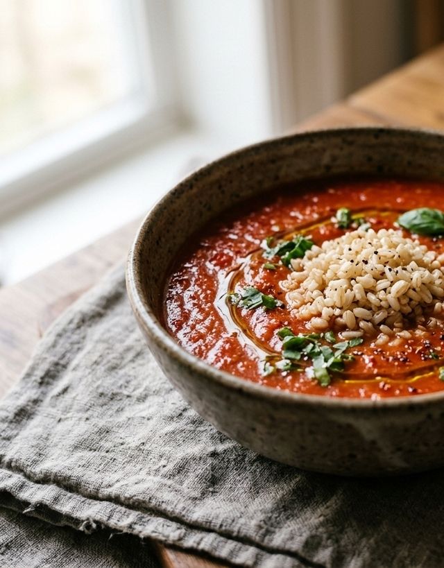 Light Homemade DASH Tomato and Fresh Basil Soup with Brown Rice