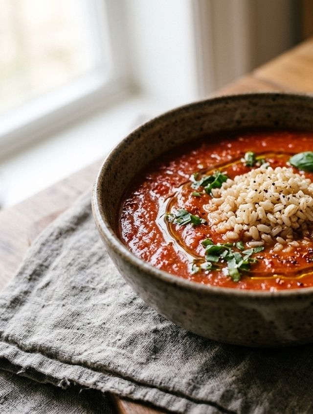 Light Homemade DASH Tomato and Fresh Basil Soup with Brown Rice
