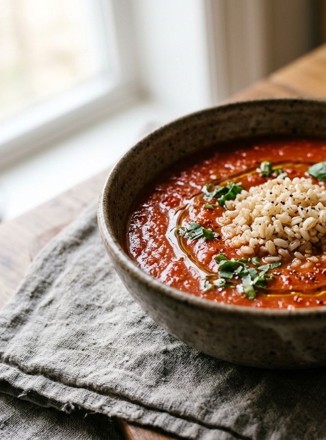 Light Homemade DASH Tomato and Fresh Basil Soup with Brown Rice
