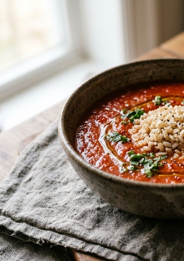 Leichte hausgemachte DASH-Tomatensuppe mit Basilikum und Naturreis