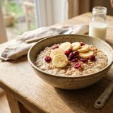 Nourishing DASH Barley Flake Porridge in Low-Fat Milk with Banana and Cranberries