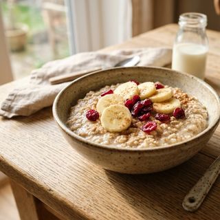 Nourishing DASH Barley Flake Porridge in Low-Fat Milk with Banana and Cranberries