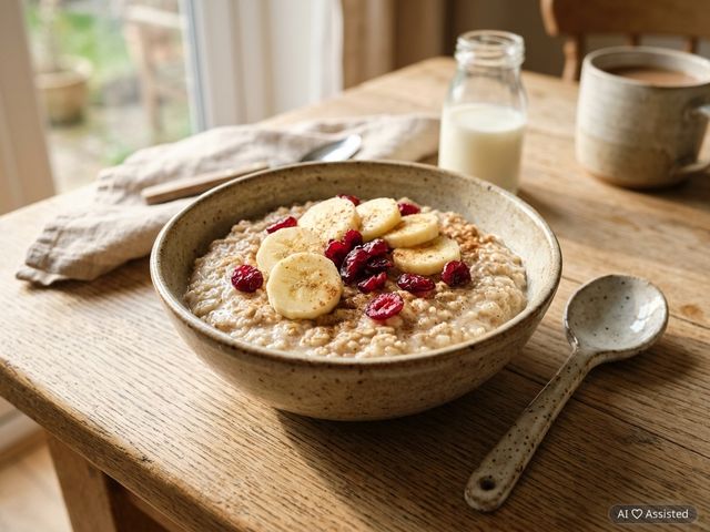 Nourishing DASH Barley Flake Porridge in Low-Fat Milk with Banana and Cranberries
