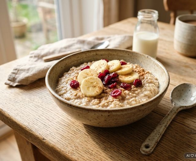 Nourishing DASH Barley Flake Porridge in Low-Fat Milk with Banana and Cranberries