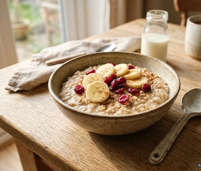 Nourishing DASH Barley Flake Porridge in Low-Fat Milk with Banana and Cranberries