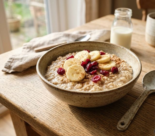 Nourishing DASH Barley Flake Porridge in Low-Fat Milk with Banana and Cranberries