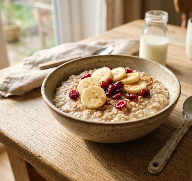 Nourishing DASH Barley Flake Porridge in Low-Fat Milk with Banana and Cranberries
