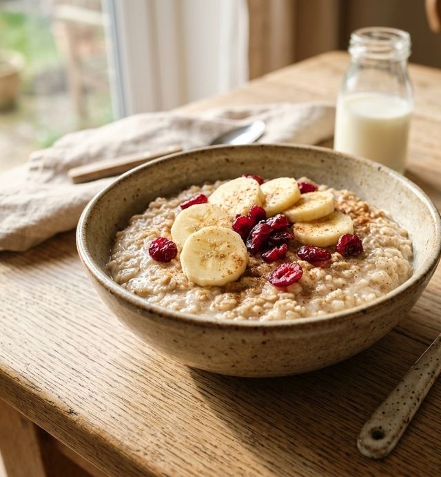 Nourishing DASH Barley Flake Porridge in Low-Fat Milk with Banana and Cranberries
