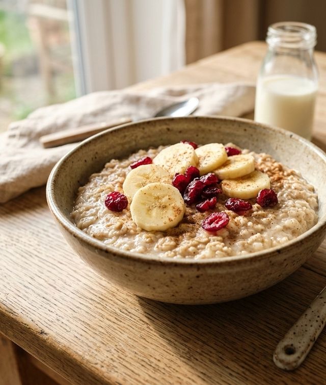 Nourishing DASH Barley Flake Porridge in Low-Fat Milk with Banana and Cranberries