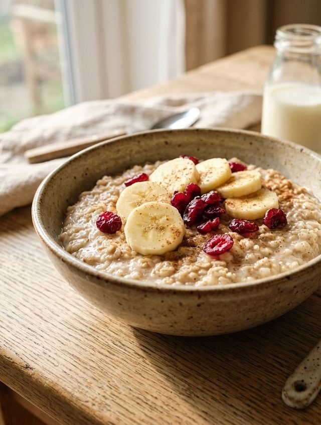 Nourishing DASH Barley Flake Porridge in Low-Fat Milk with Banana and Cranberries