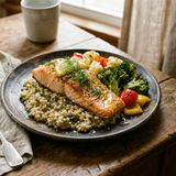 Oven-Baked DASH Salmon with Broccoli, Cauliflower, Red Bell Pepper and Pearl Barley