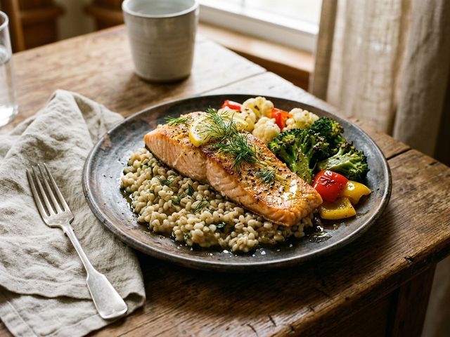 Oven-Baked DASH Salmon with Broccoli, Cauliflower, Red Bell Pepper and Pearl Barley