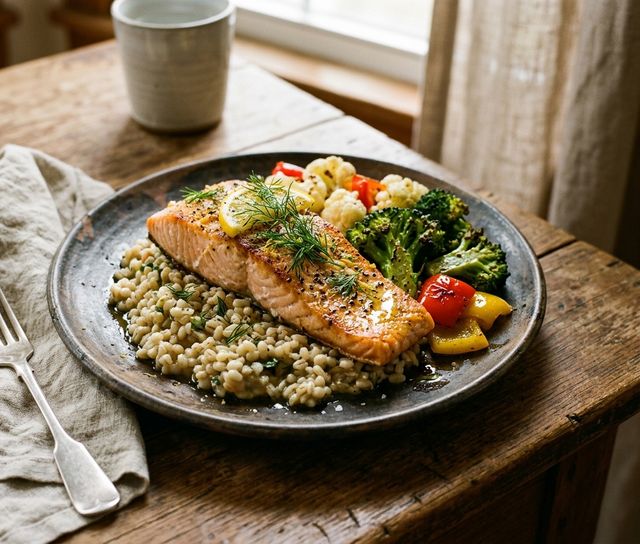Oven-Baked DASH Salmon with Broccoli, Cauliflower, Red Bell Pepper and Pearl Barley