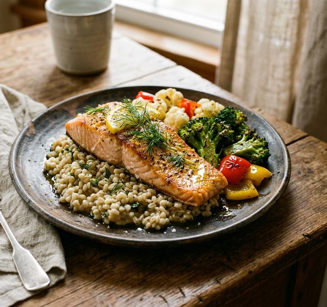 Oven-Baked DASH Salmon with Broccoli, Cauliflower, Red Bell Pepper and Pearl Barley