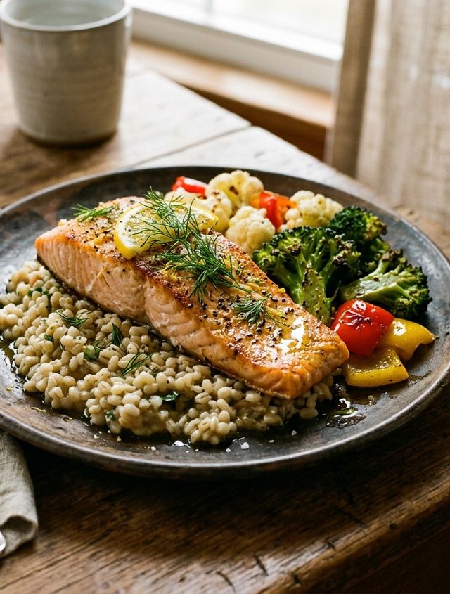 Oven-Baked DASH Salmon with Broccoli, Cauliflower, Red Bell Pepper and Pearl Barley