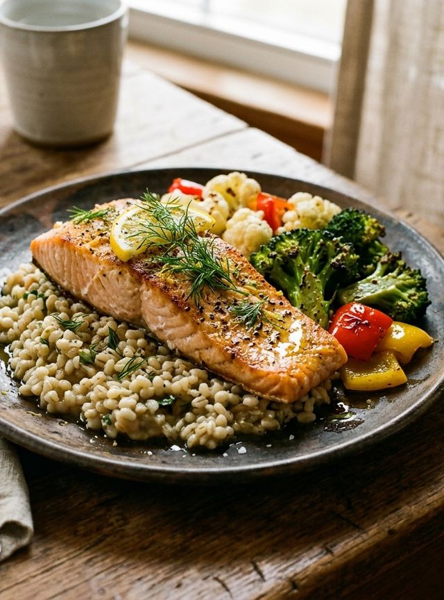Oven-Baked DASH Salmon with Broccoli, Cauliflower, Red Bell Pepper and Pearl Barley
