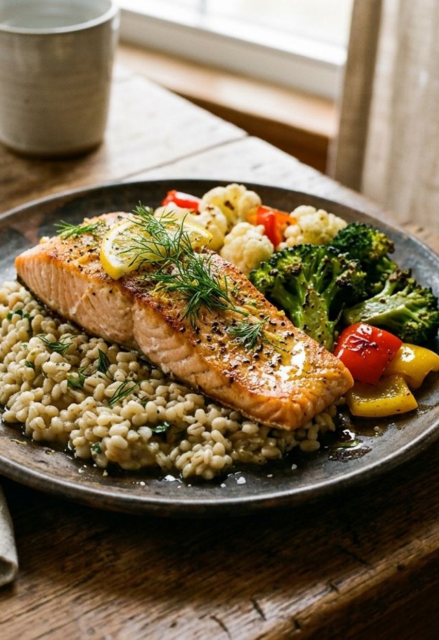 Oven-Baked DASH Salmon with Broccoli, Cauliflower, Red Bell Pepper and Pearl Barley