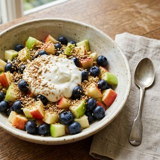 Refreshing DASH Fruit Salad with Crisp Apple, Blueberries, Natural Yogurt, and Toasted Sesame & Sunflower Seeds