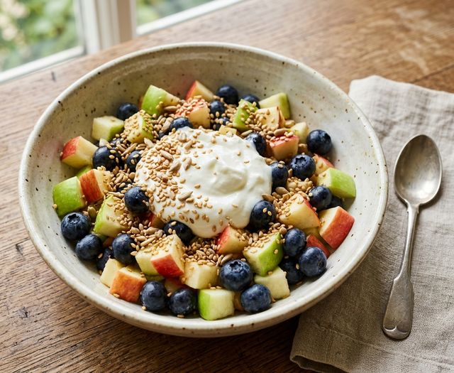 Refreshing DASH Fruit Salad with Crisp Apple, Blueberries, Natural Yogurt, and Toasted Sesame & Sunflower Seeds
