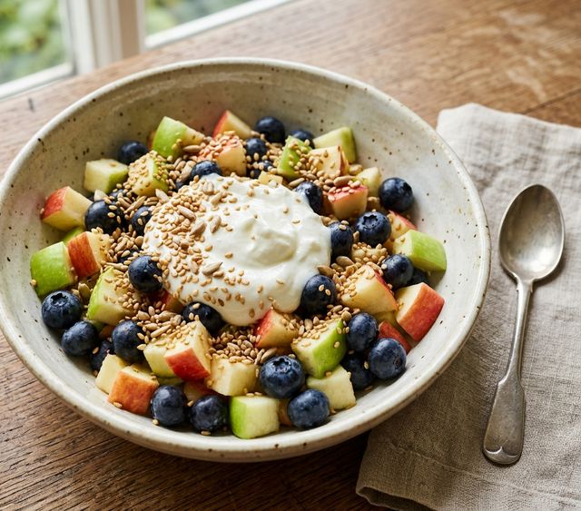Refreshing DASH Fruit Salad with Crisp Apple, Blueberries, Natural Yogurt, and Toasted Sesame & Sunflower Seeds