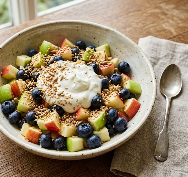 Refreshing DASH Fruit Salad with Crisp Apple, Blueberries, Natural Yogurt, and Toasted Sesame & Sunflower Seeds