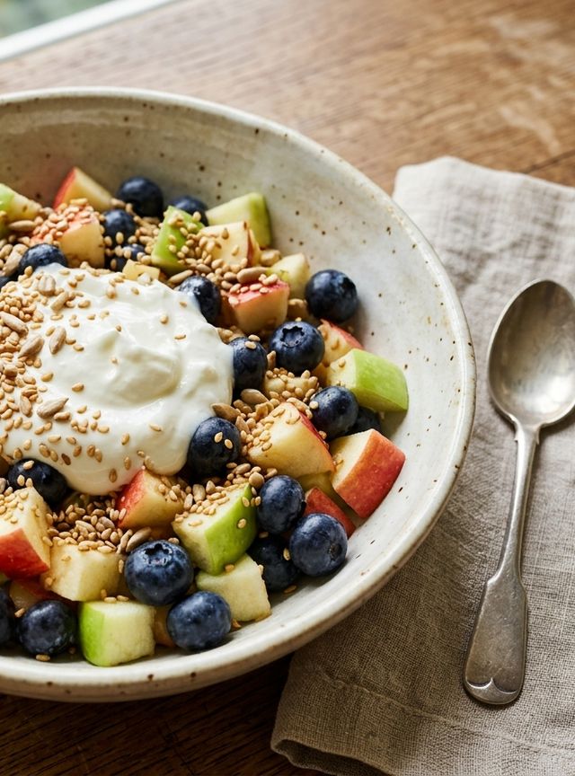 Refreshing DASH Fruit Salad with Crisp Apple, Blueberries, Natural Yogurt, and Toasted Sesame & Sunflower Seeds