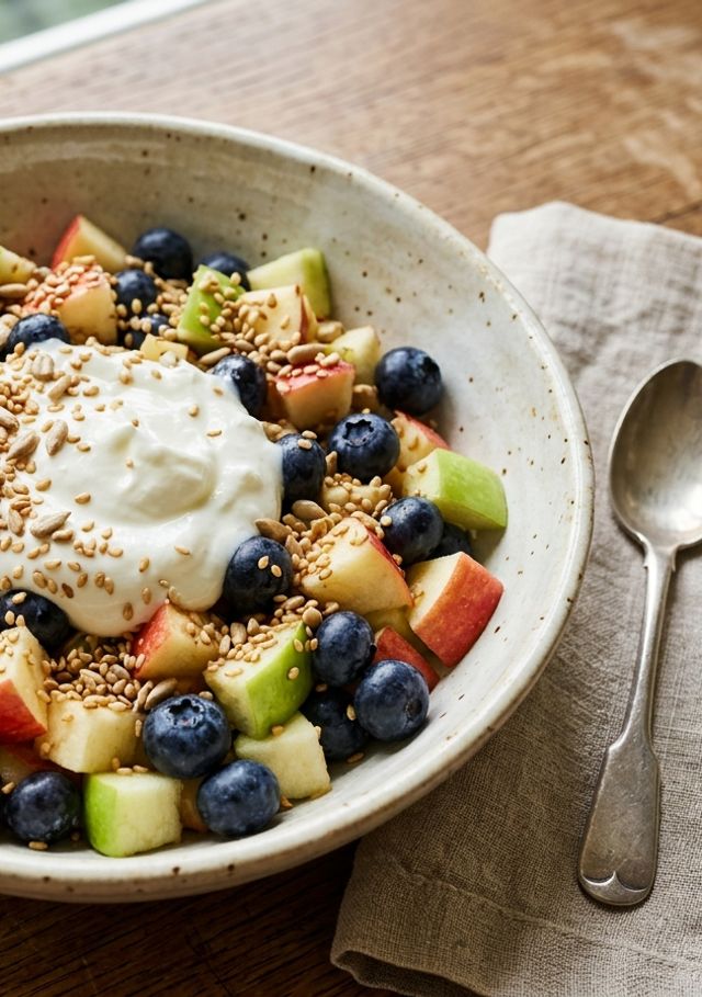 Refreshing DASH Fruit Salad with Crisp Apple, Blueberries, Natural Yogurt, and Toasted Sesame & Sunflower Seeds