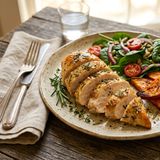 Rosemary-Roasted DASH Chicken Breast with Baked Sweet Potato Wedges and Baby Spinach Salad