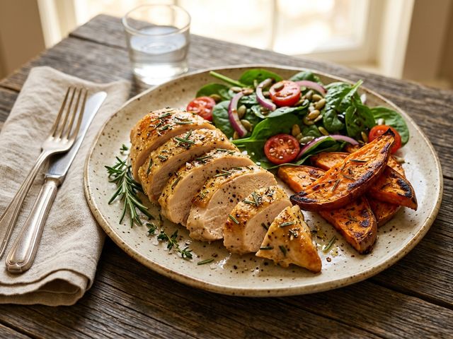 Rosemary-Roasted DASH Chicken Breast with Baked Sweet Potato Wedges and Baby Spinach Salad