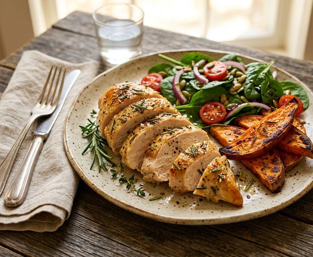 Rosemary-Roasted DASH Chicken Breast with Baked Sweet Potato Wedges and Baby Spinach Salad