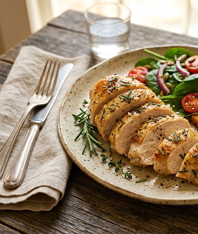 Rosemary-Roasted DASH Chicken Breast with Baked Sweet Potato Wedges and Baby Spinach Salad