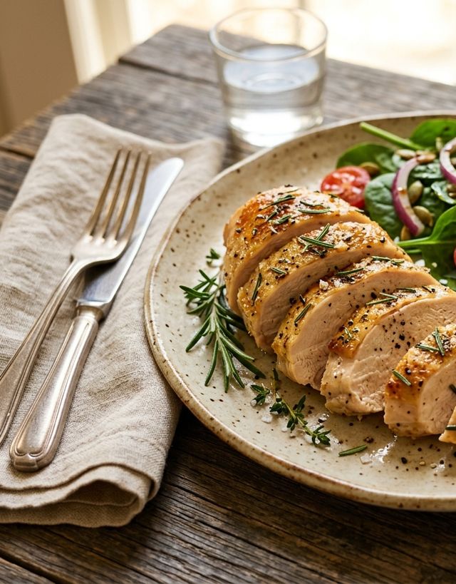 Rosemary-Roasted DASH Chicken Breast with Baked Sweet Potato Wedges and Baby Spinach Salad