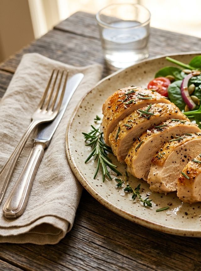 Rosemary-Roasted DASH Chicken Breast with Baked Sweet Potato Wedges and Baby Spinach Salad