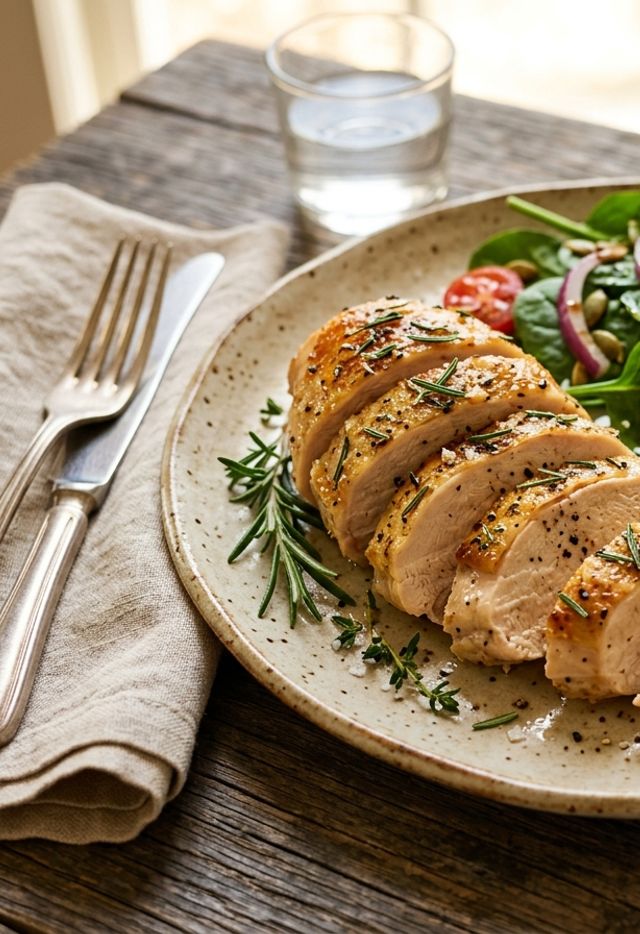 Rosemary-Roasted DASH Chicken Breast with Baked Sweet Potato Wedges and Baby Spinach Salad