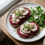 Rye Bread DASH Sandwiches with Roasted Beetroot and Curd Cheese Spread, Baked Turkey Breast, and Arugula-Mâche Salad